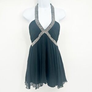Express Womens Black Silk Beaded Halter Y2K Glam Cocktail Babydoll Top Size 4